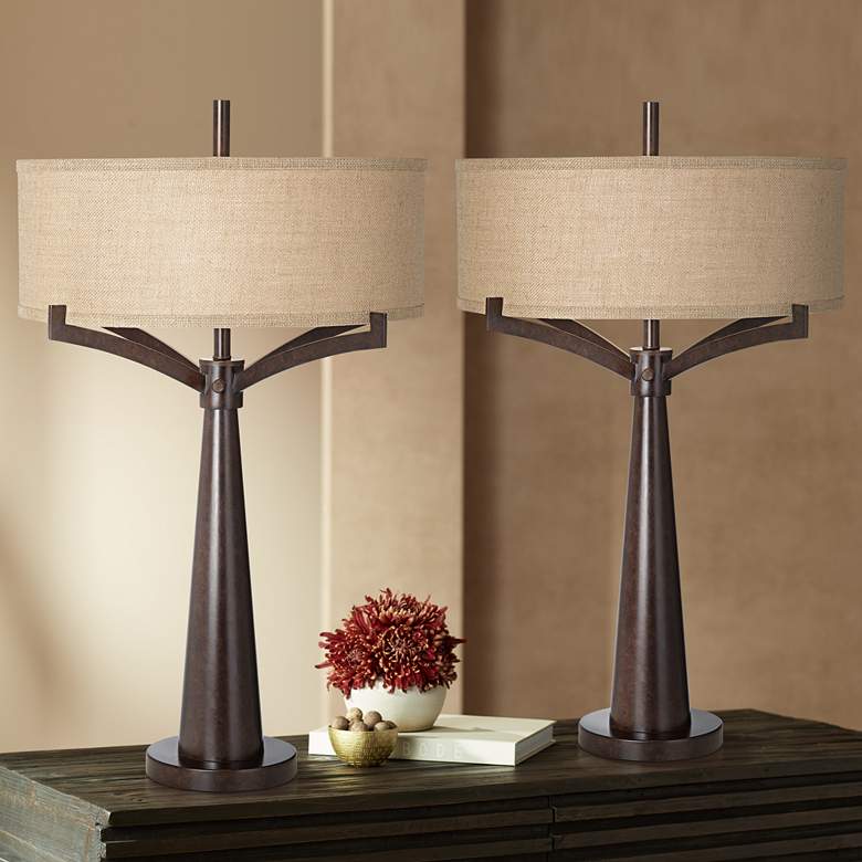 Image 2 Franklin Iron Works Tremont 31 1/2 inch Bronze Iron Table Lamps Set of 2