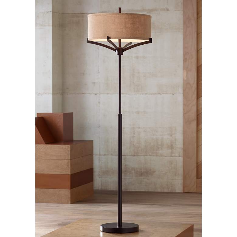 Image 2 Franklin Iron Works Tremont 62 inch 2-Light Floor Lamp with Burlap Shade
