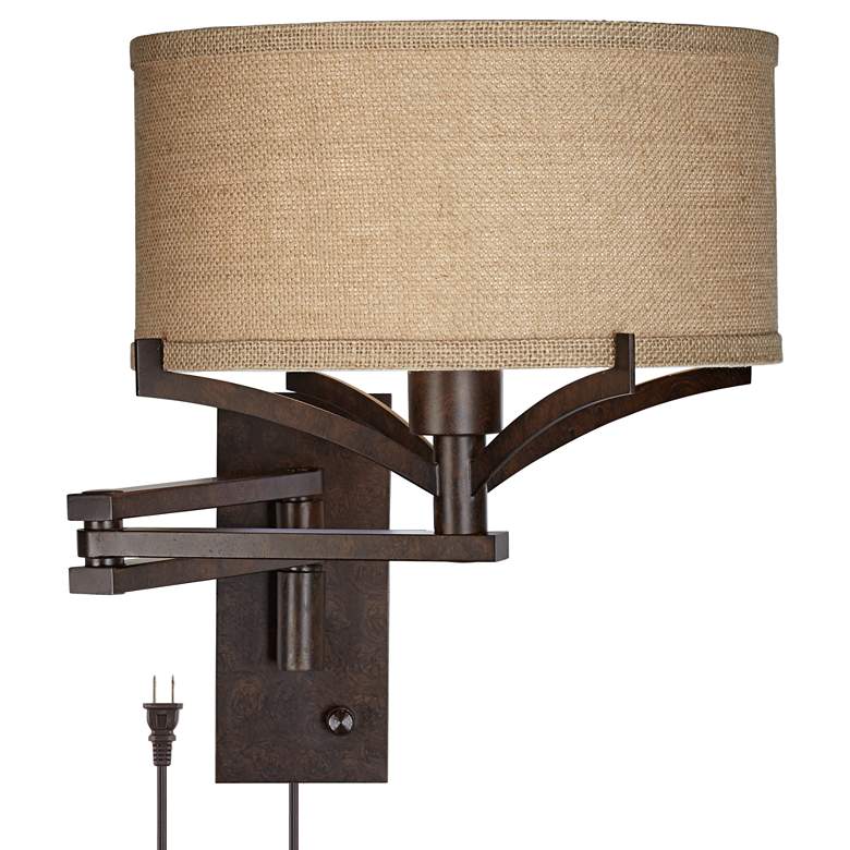 Image 2 Franklin Iron Works Tremont Bronze and Burlap Plug-In Swing Arm Wall Lamp