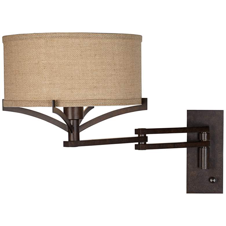 Image 5 Franklin Iron Works Tremont Bronze and Burlap Plug-In Swing Arm Wall Lamp more views