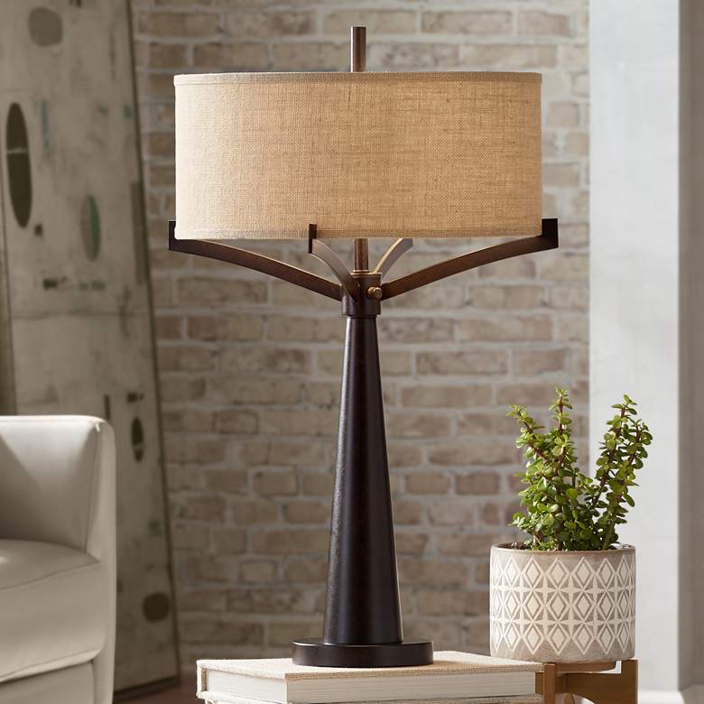 Image 2 Franklin Iron Works Tremont Industrial Bronze Lamp with Table Top Dimmer