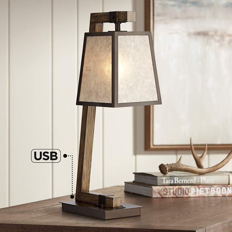 Image 1 Franklin Iron Works Tribeca Mica Shade Metal Table Lamp with USB Port