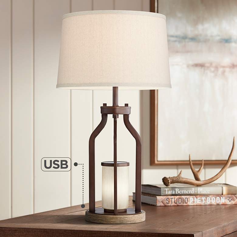 Image 1 Franklin Iron Works Will Bronze Table Lamp with USB and LED Night Light