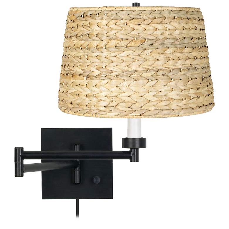 Image 1 Franklin Iron Works Woven Seagrass Espresso Plug-In Swing Arm Wall Lamp