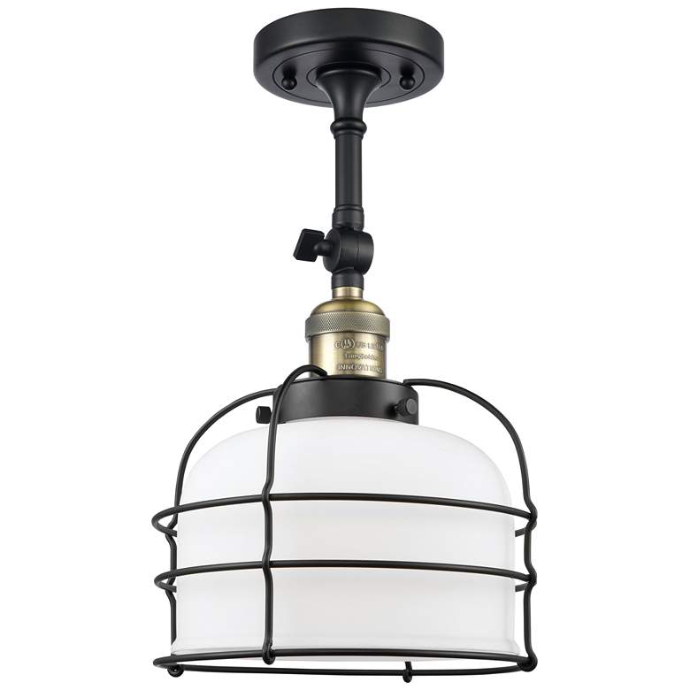Image 1 Franklin Large Bell Cage 8 inch Black Brass Semi Flush w/ White Shade