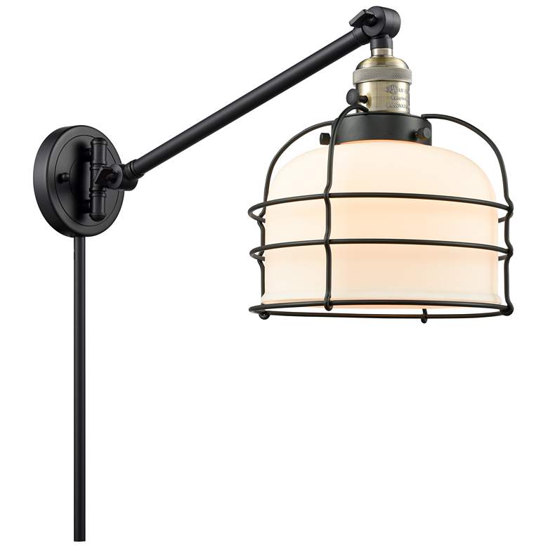 Image 1 Franklin Large Bell Cage 8" Black Brass Swing Arm w/ White Shade