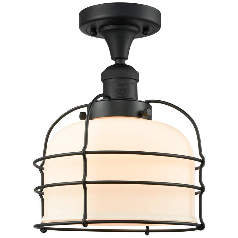 Image 1 Franklin Large Bell Cage 8" Matte Black Semi Flush w/ White Shade