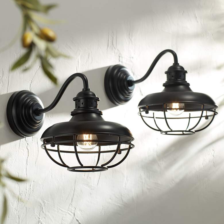Image 1 Franklin Park 9 inch High Black Cage Outdoor Wall Lights Set of 2