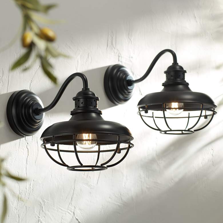 Image 1 Franklin Park 9" High Black Cage Outdoor Wall Lights Set of 2