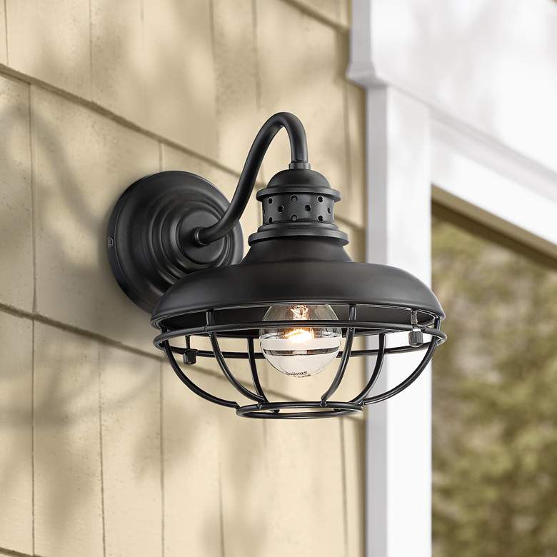 Image 1 Franklin Park 9 inch High Black Finish Metal Cage Outdoor Wall Light