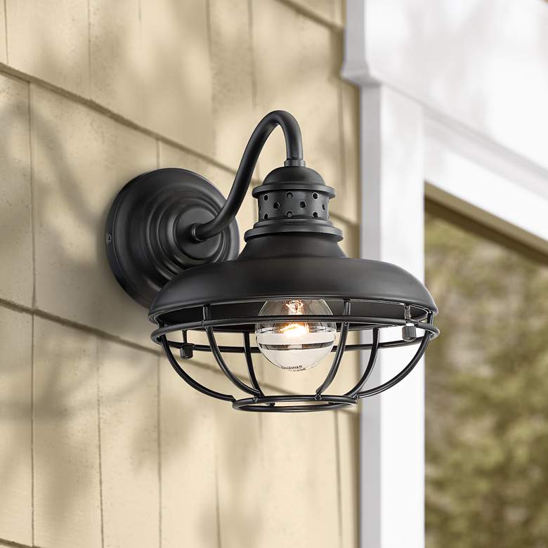 Image 1 Franklin Park 9" High Black Finish Metal Cage Outdoor Wall Light