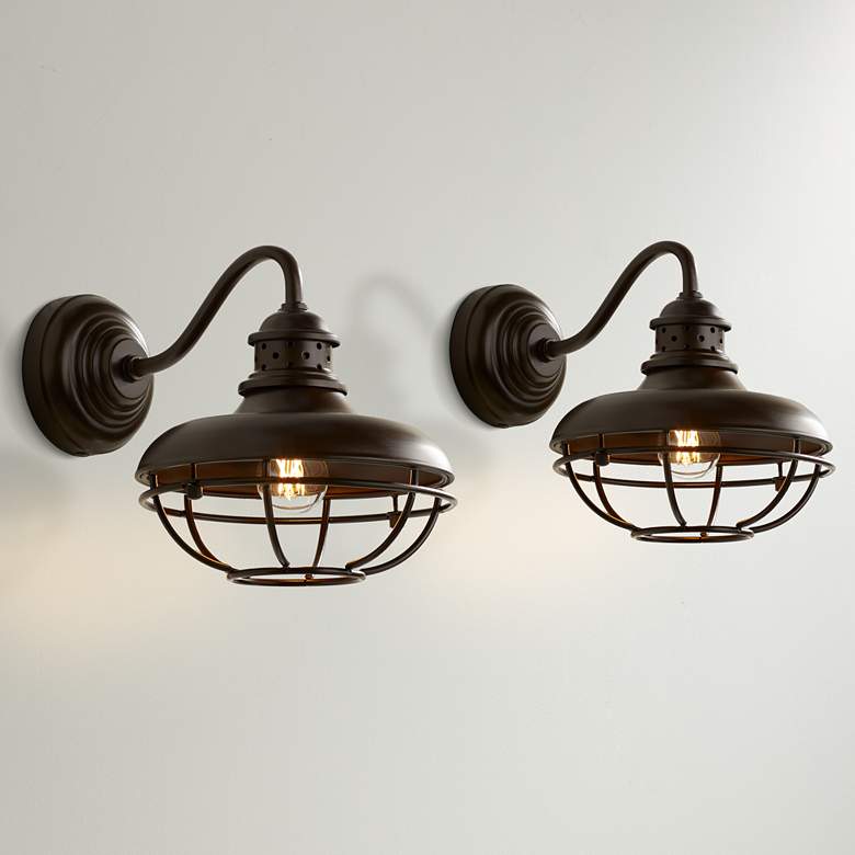 Image 1 Franklin Park 9" High Bronze Metal Cage Industrial Sconces Set of 2
