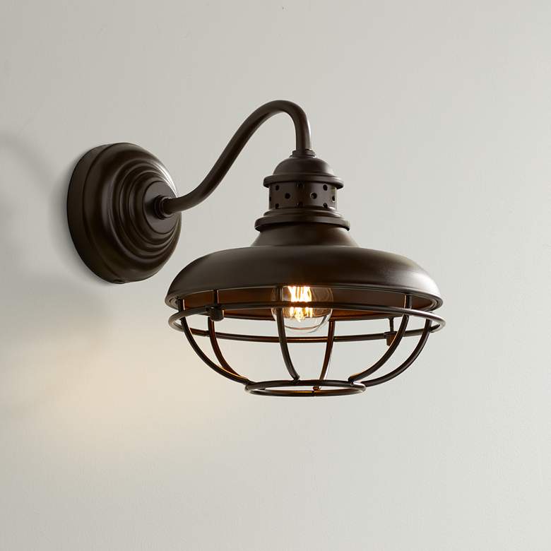 Image 1 Franklin Park 9" High Bronze Metal Cage Industrial Wall Sconce