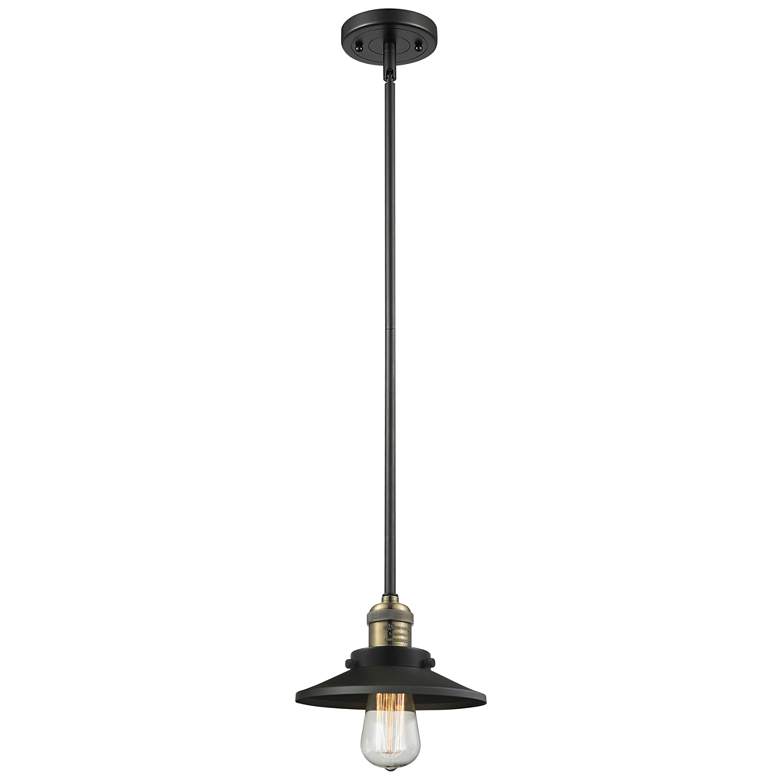 Image 1 Franklin Railroad 8" Black Brass Stemmed Mini Pendant w/ Black Shade