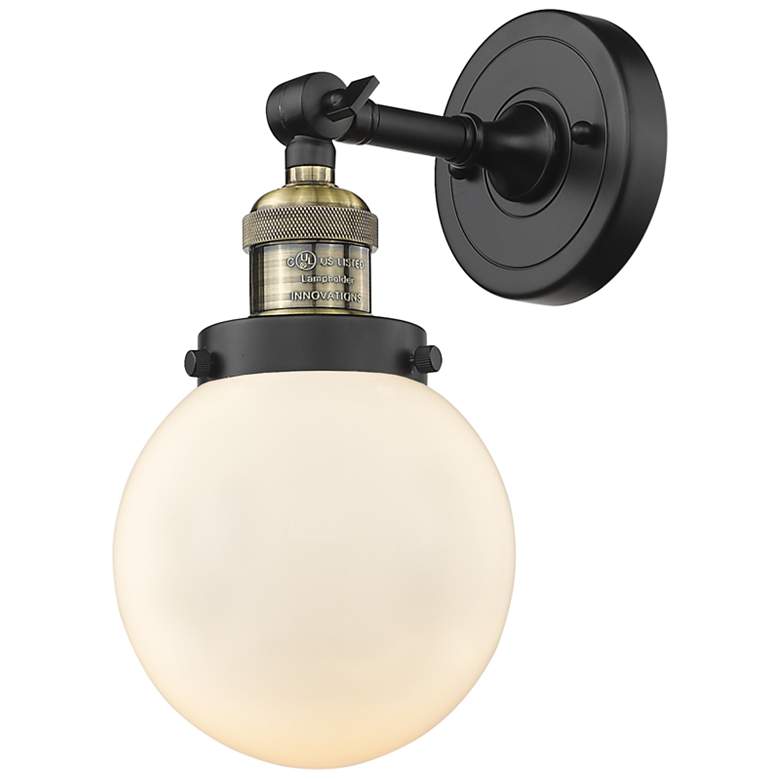 Image 1 Franklin Restoration Beacon 6" Black Antique Brass Sconce w/ White Sha