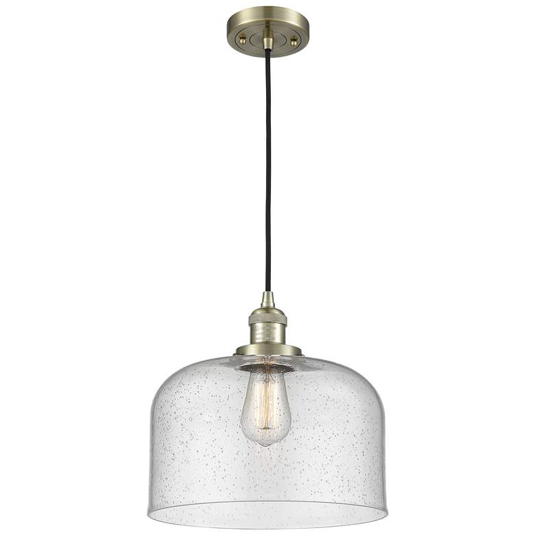 Image 1 Franklin Restoration Bell 12" Brass Corded Mini Pendant w/ Seedy Shade