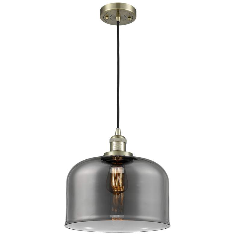 Image 1 Franklin Restoration Bell 12" Brass Corded Mini Pendant w/ Smoke Shade