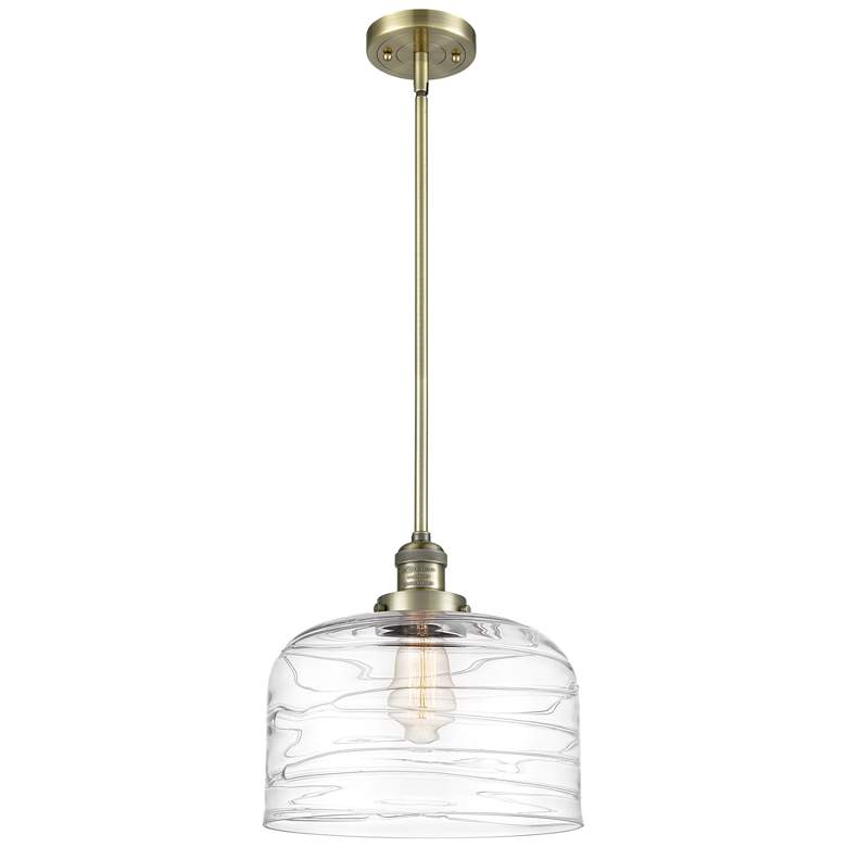 Image 1 Franklin Restoration Bell 12" Brass Stemmed Mini Pendant w/ Deco Shade