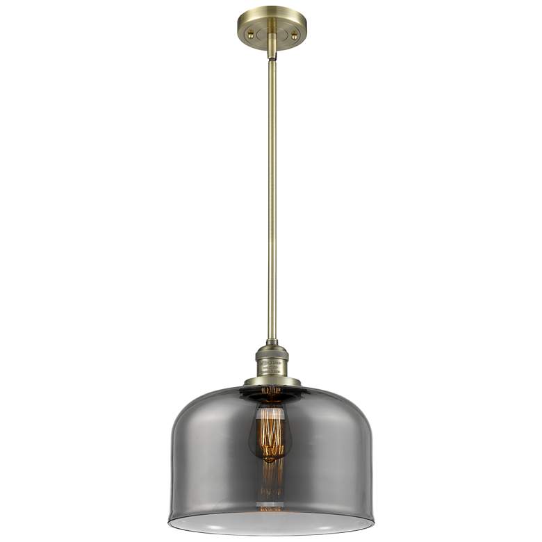 Image 1 Franklin Restoration Bell 12" Brass Stemmed Mini Pendant w/ Smoke Shad