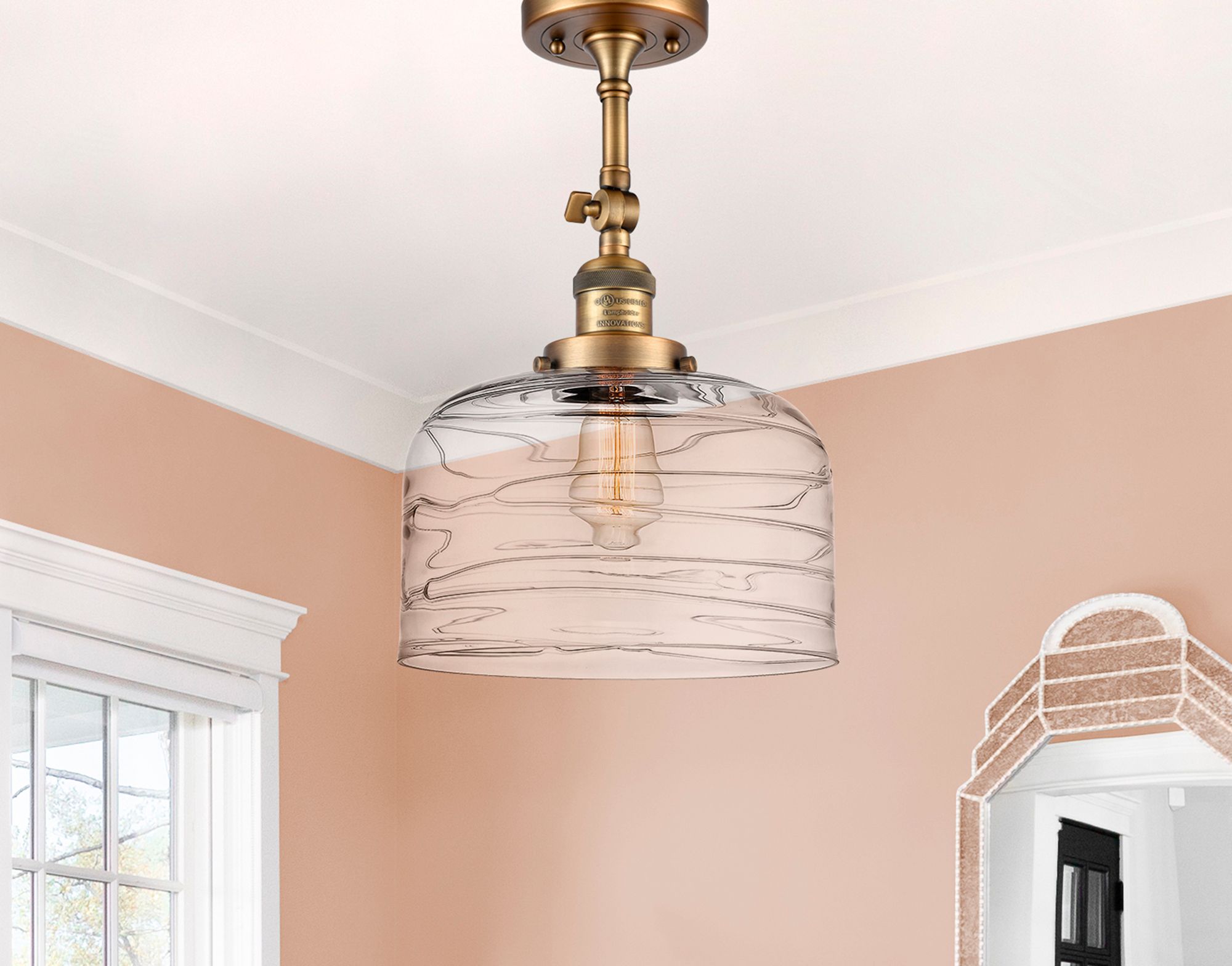 Image 2 Franklin Restoration Bell 12" Brushed Brass LED Semi-Flush w/ Swirl Sh more views