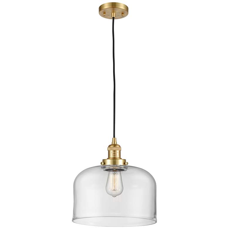 Image 1 Franklin Restoration Bell 12" Satin Gold Corded Mini Pendant w/ Clear