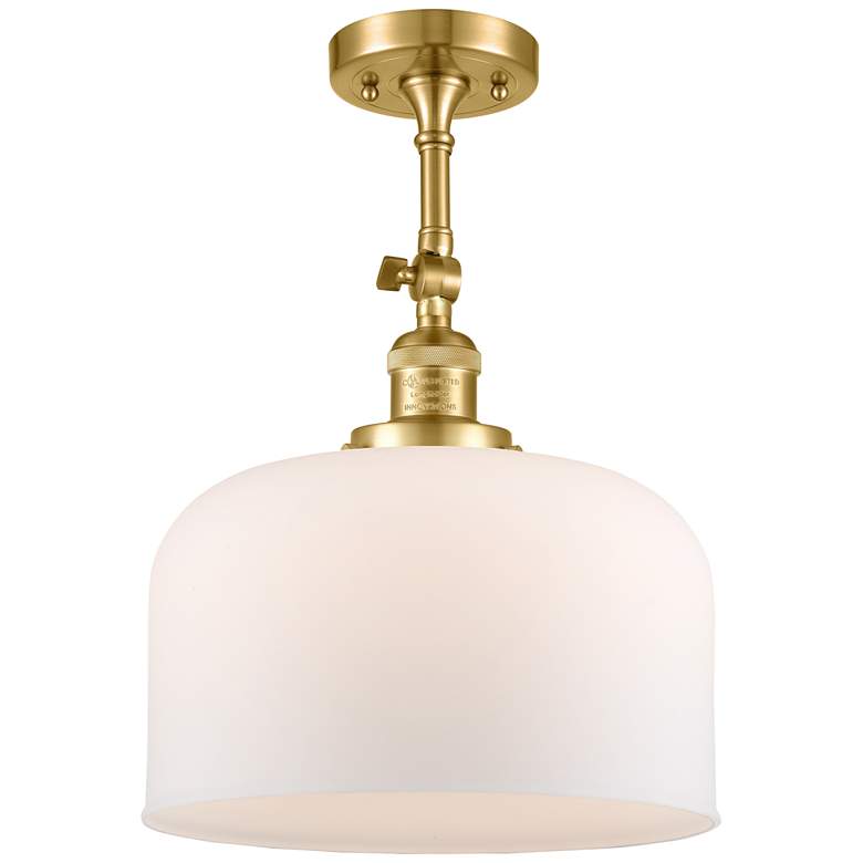 Image 1 Franklin Restoration Bell 12" Satin Gold Semi Flush Mount w/ White Sha
