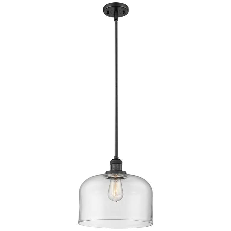 Image 1 Franklin Restoration Bell 13" Black LED Stem Hung Pendant w/ Clear Sha