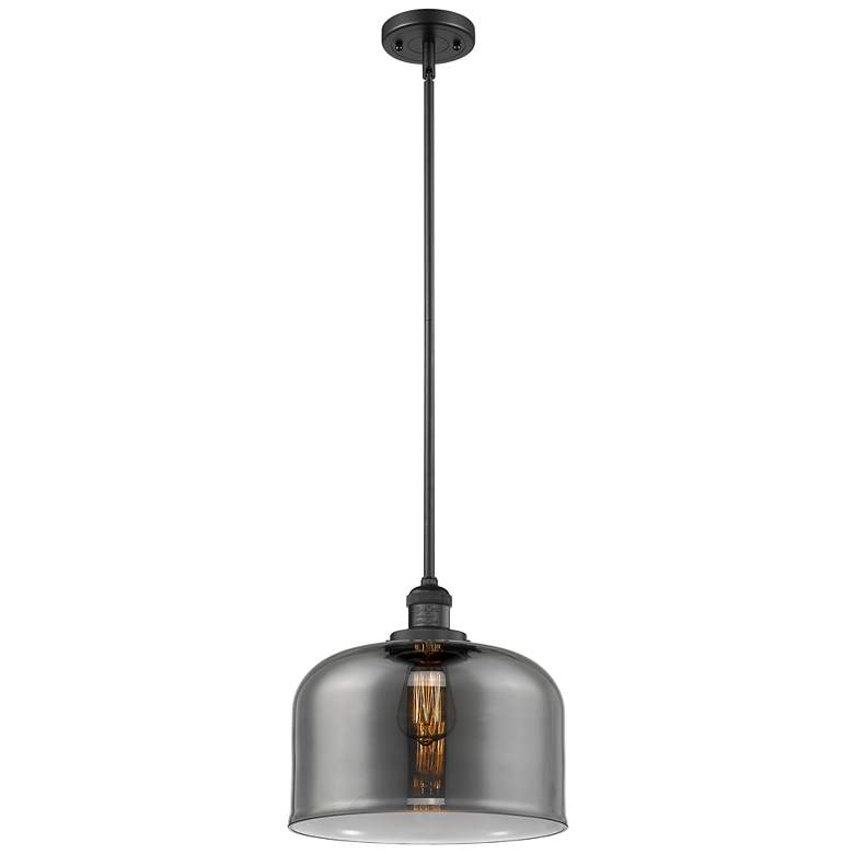 Image 1 Franklin Restoration Bell 13 inch Black LED Stem Hung Pendant w/ Smoke Sha