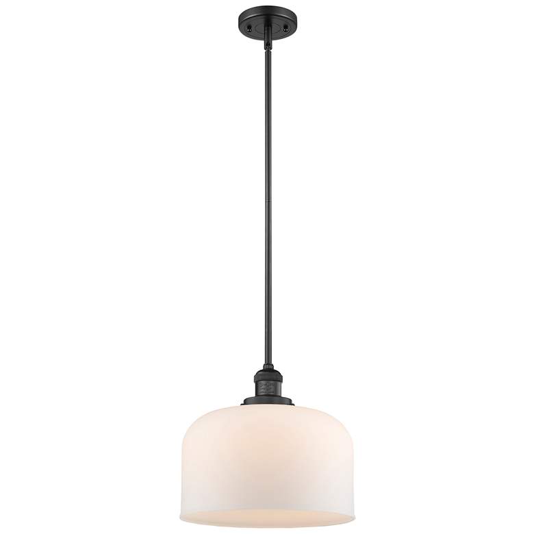 Image 1 Franklin Restoration Bell 13" Black LED Stem Hung Pendant w/ White Sha