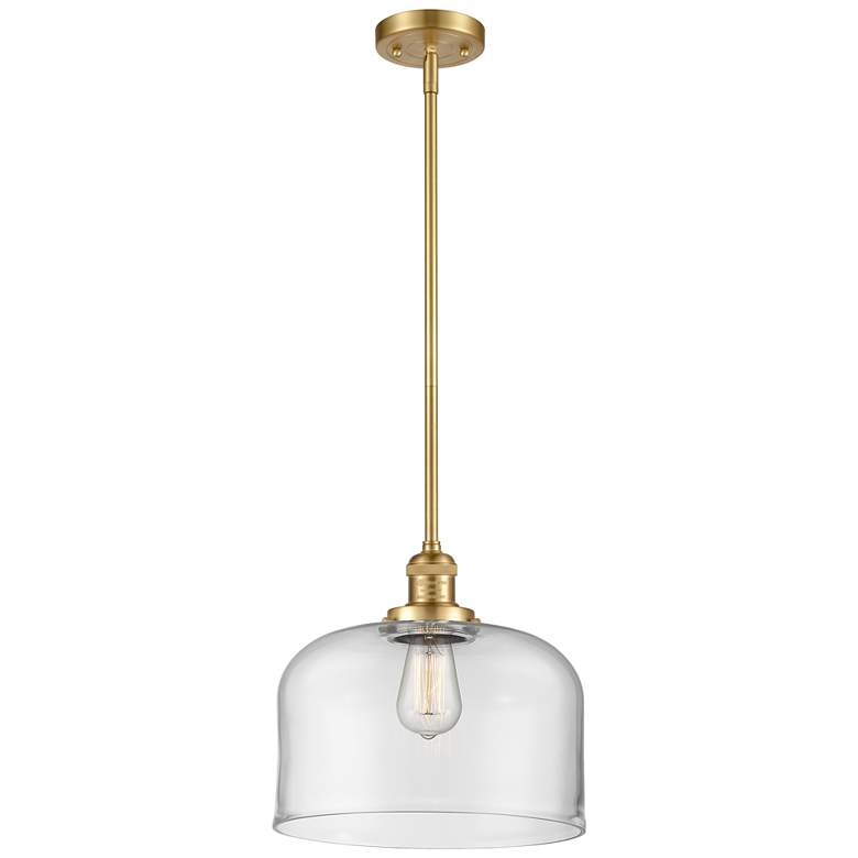 Image 1 Franklin Restoration Bell 13" Gold LED Stem Hung Pendant w/ Clear Shad