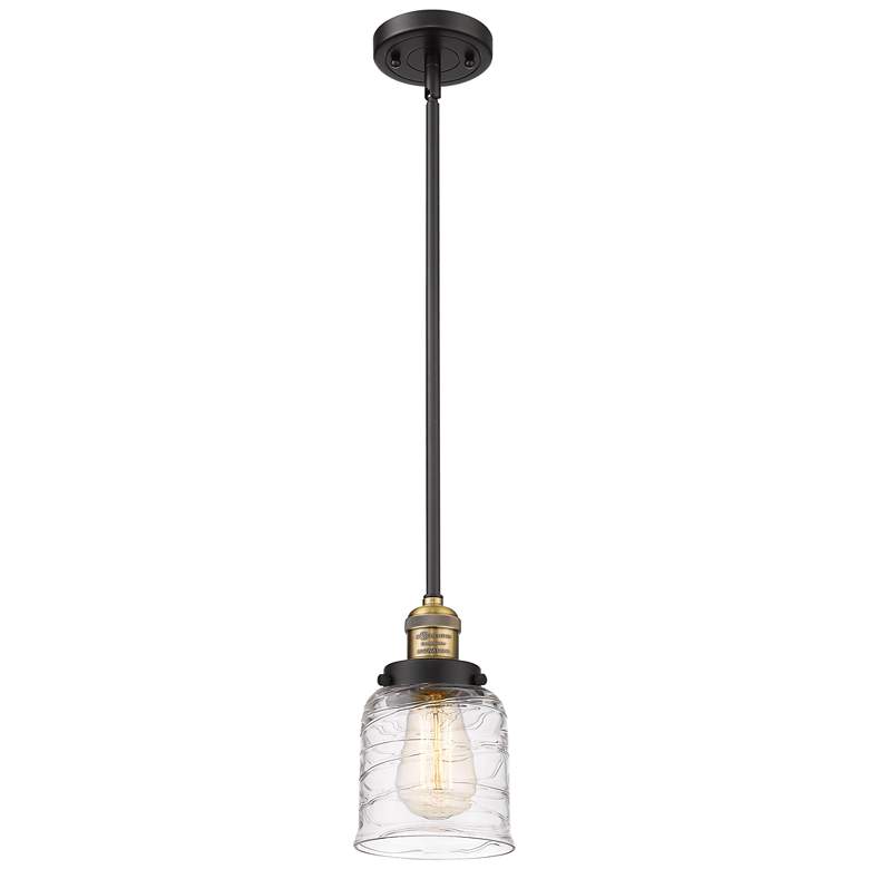 Image 1 Franklin Restoration Bell 5" Black Brass Stemmed Mini Pendant w/ Deco