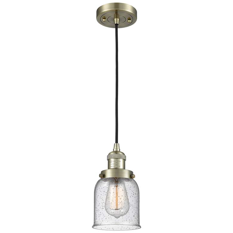 Image 1 Franklin Restoration Bell 5" Brass Corded Mini Pendant w/ Seedy Shade