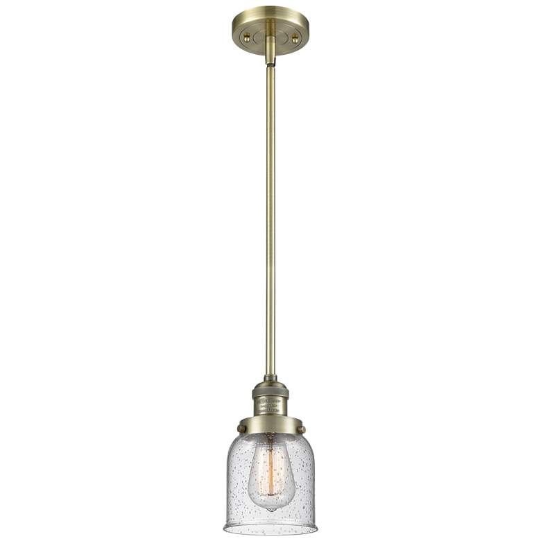 Image 1 Franklin Restoration Bell 5" Brass Stemmed Mini Pendant w/ Seedy Shade