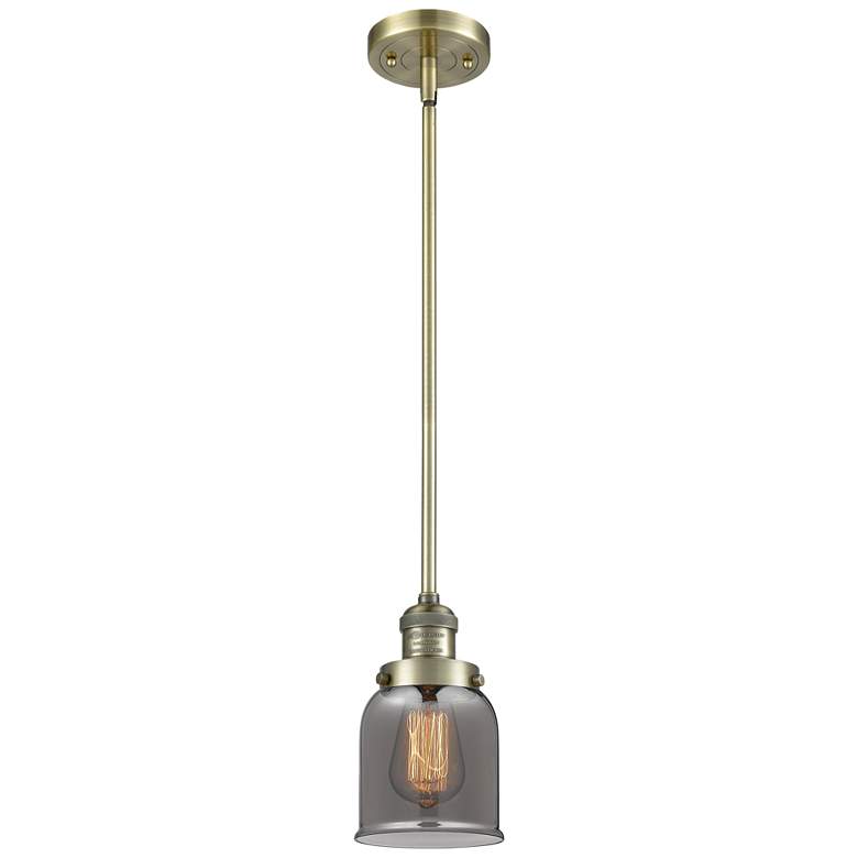 Image 1 Franklin Restoration Bell 5" Brass Stemmed Mini Pendant w/ Smoke Shade