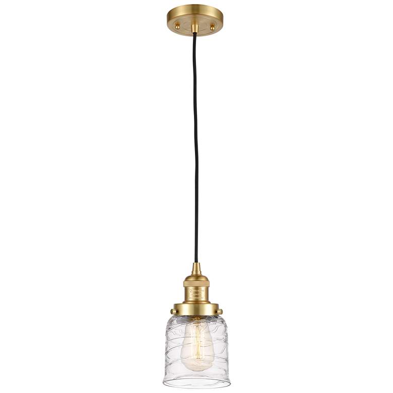 Image 1 Franklin Restoration Bell 5" Satin Gold Corded Mini Pendant w/ Deco Sh