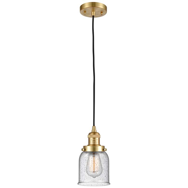 Image 1 Franklin Restoration Bell 5" Satin Gold Corded Mini Pendant w/ Seedy S
