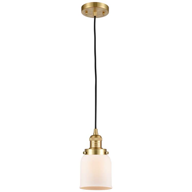 Image 1 Franklin Restoration Bell 5" Satin Gold Corded Mini Pendant w/ White S