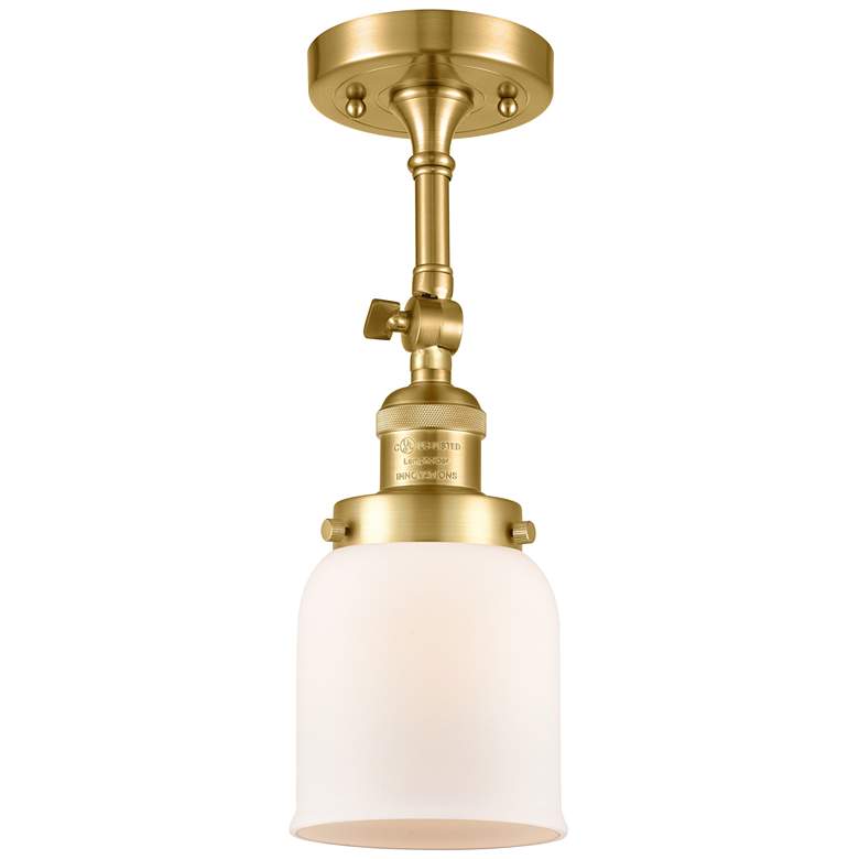 Image 1 Franklin Restoration Bell 5" Satin Gold Semi Flush Mount w/ White Shad