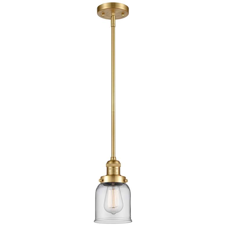 Image 1 Franklin Restoration Bell 5" Satin Gold Stemmed Mini Pendant w/ Clear