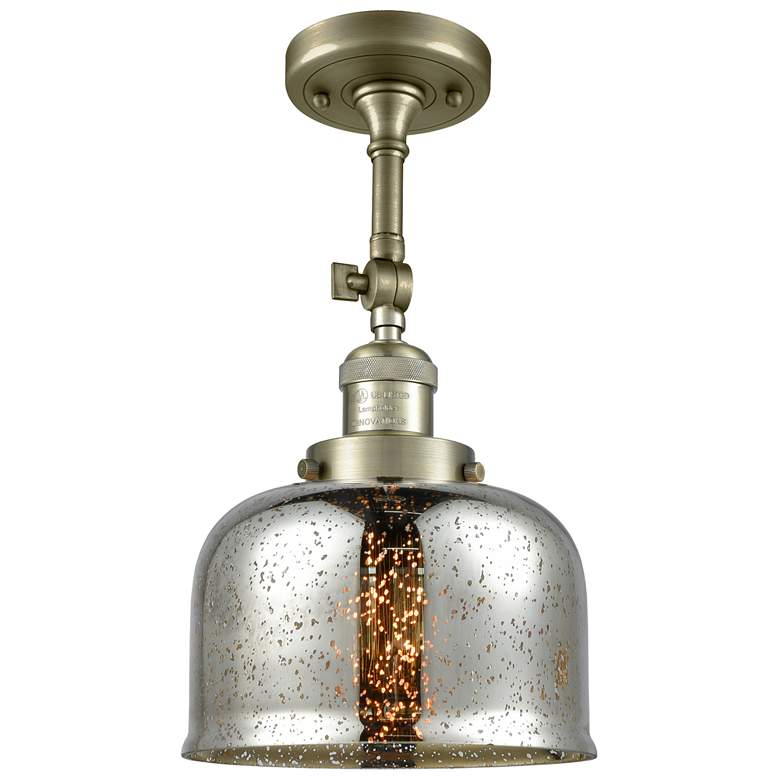 Image 1 Franklin Restoration Bell 8 inch Antique Brass Semi Flush w/ Mercury Shade