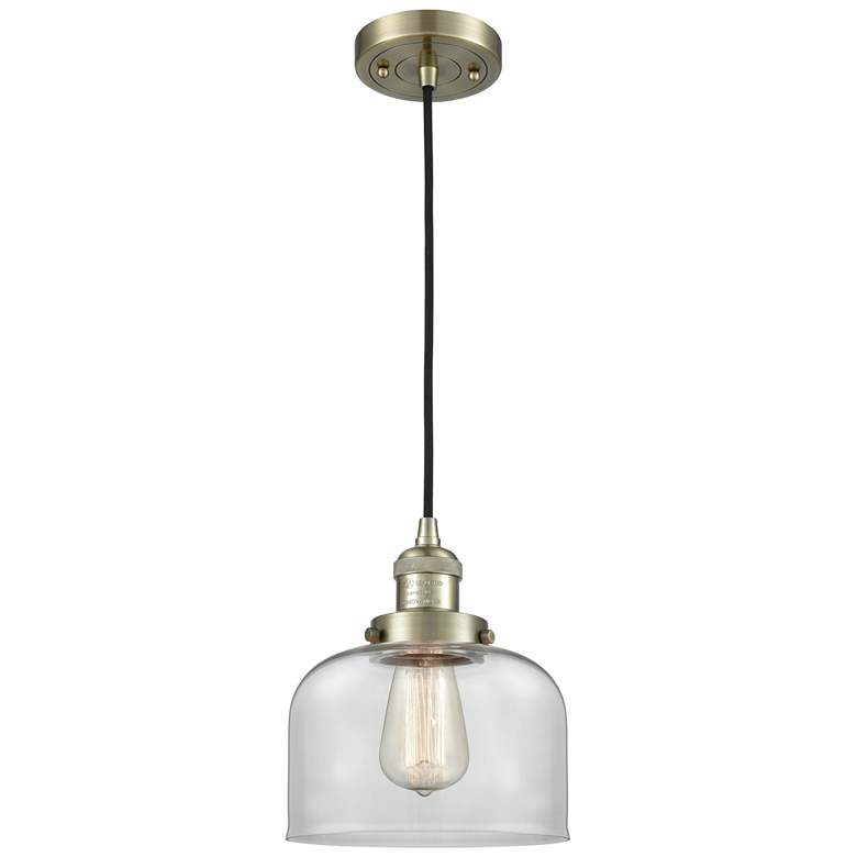 Image 1 Franklin Restoration Bell 8" Brass Corded Mini Pendant w/ Clear Shade
