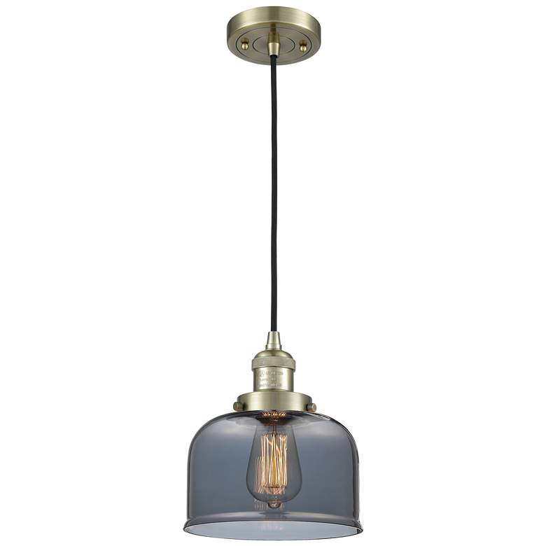 Image 1 Franklin Restoration Bell 8" Brass Corded Mini Pendant w/ Smoke Shade