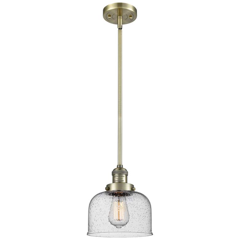 Image 1 Franklin Restoration Bell 8" Brass Stemmed Mini Pendant w/ Seedy Shade