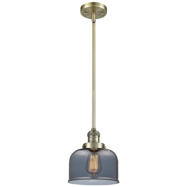 Image 1 Franklin Restoration Bell 8" Brass Stemmed Mini Pendant w/ Smoke Shade