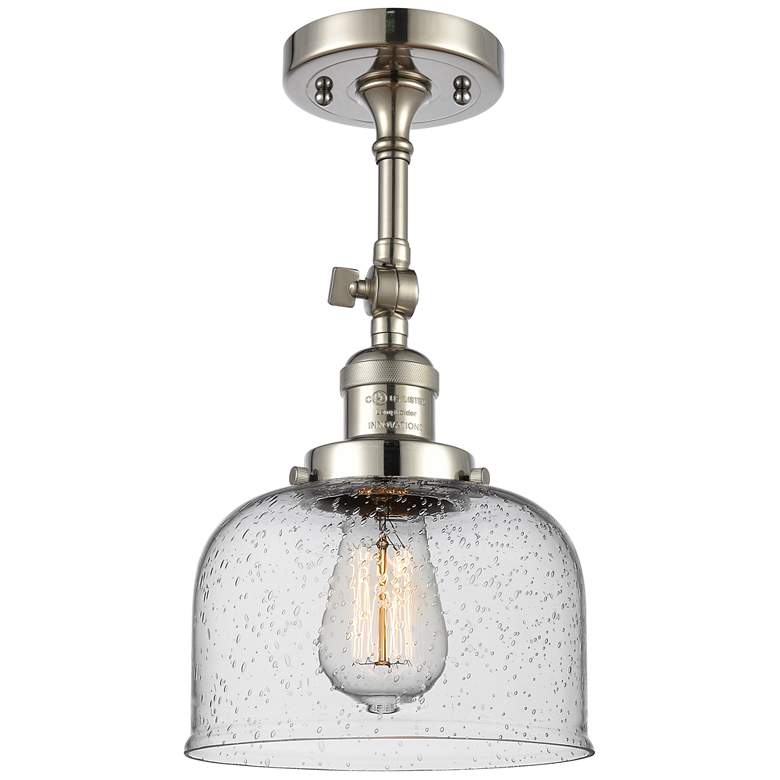 Image 1 Franklin Restoration Bell 8" Polished Nickel Semi Flush w/ Seedy Shade