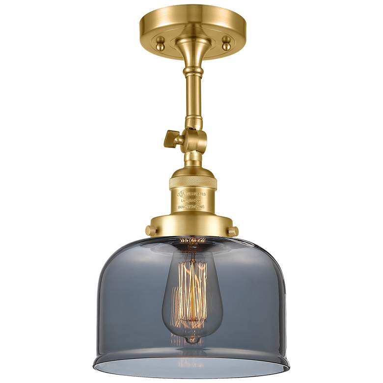 Image 1 Franklin Restoration Bell 8" Satin Gold Semi Flush Mount w/ Smoke Shad