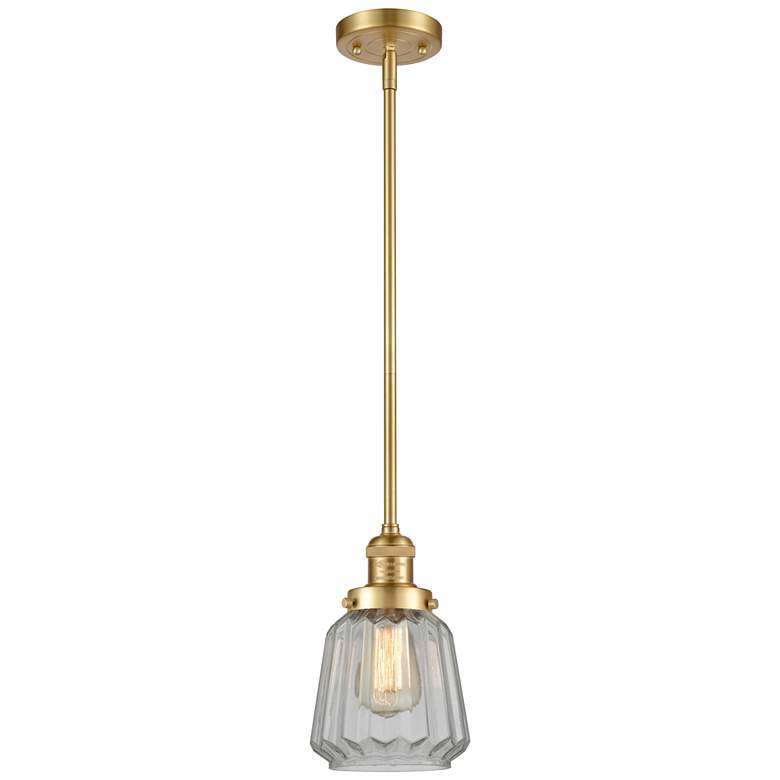 Image 1 Franklin Restoration Chatham 7" Gold Stemmed Mini Pendant w/ Clear Sha