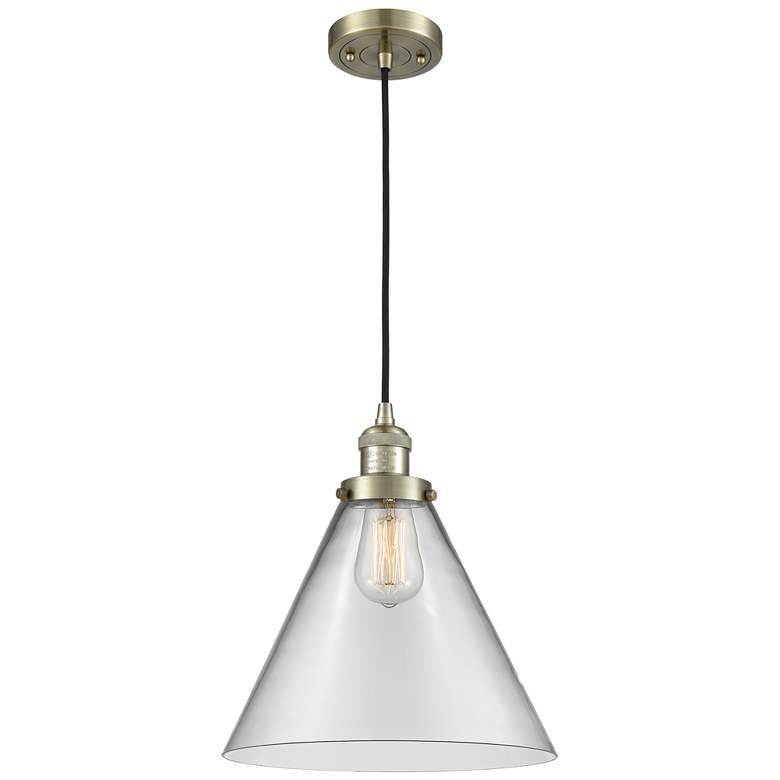 Image 1 Franklin Restoration Cone 12" Brass Corded Mini Pendant w/ Clear Shade
