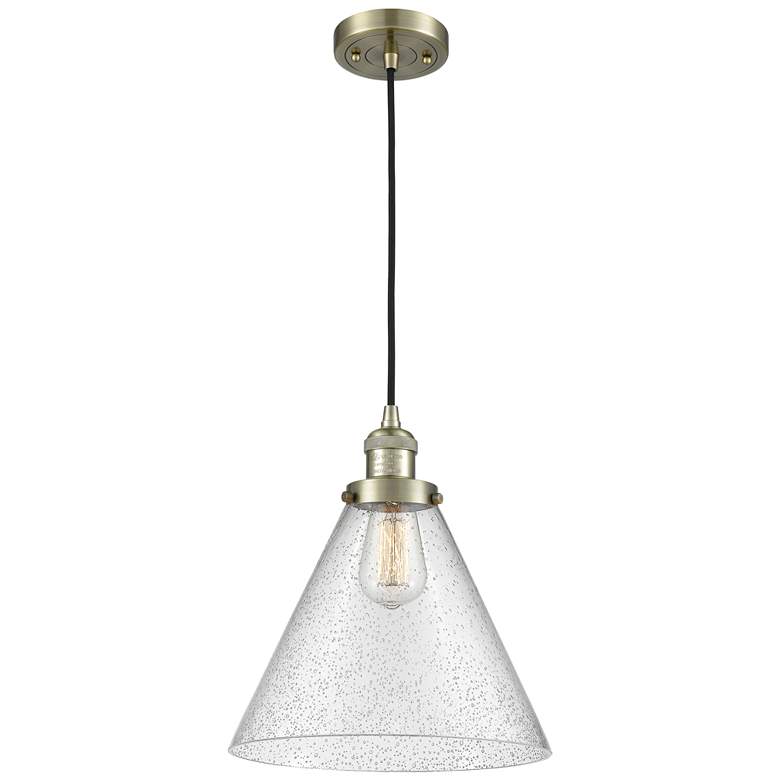 Image 1 Franklin Restoration Cone 12" Brass Corded Mini Pendant w/ Seedy Shade