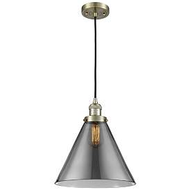 Image1 of Franklin Restoration Cone 12" Brass Corded Mini Pendant w/ Smoke Shade